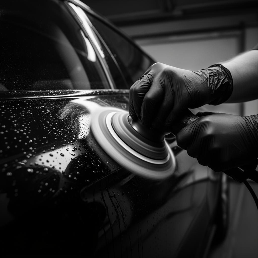 Ihor, owner of ChiGlow Detailing, machine polishing a black car
